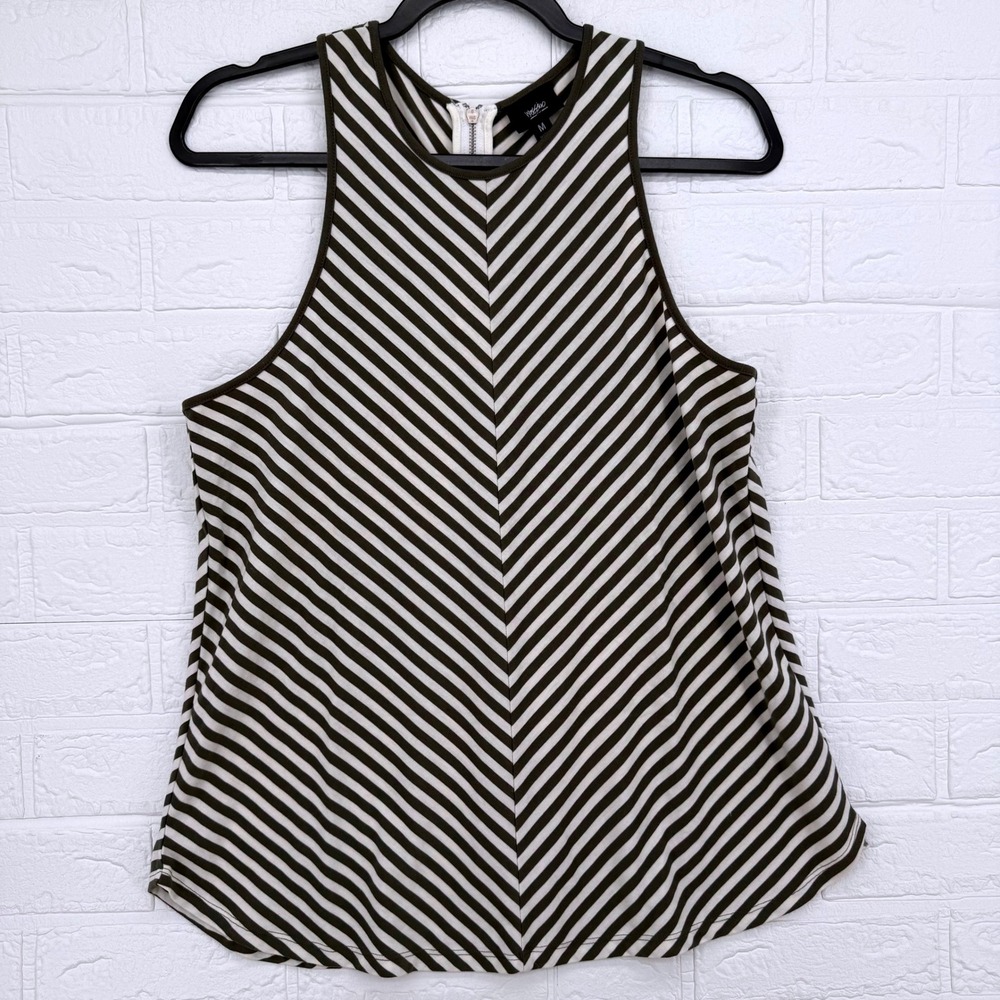 Mossimo Tank Top Women Medium Green Striped Chevron Sleeveless Back Zip